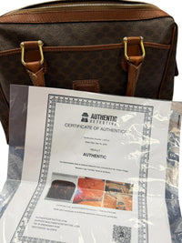 Celine Vintage Macadam Brown Monogram Canvas Leather Trim Zip Satchel Boston Bag