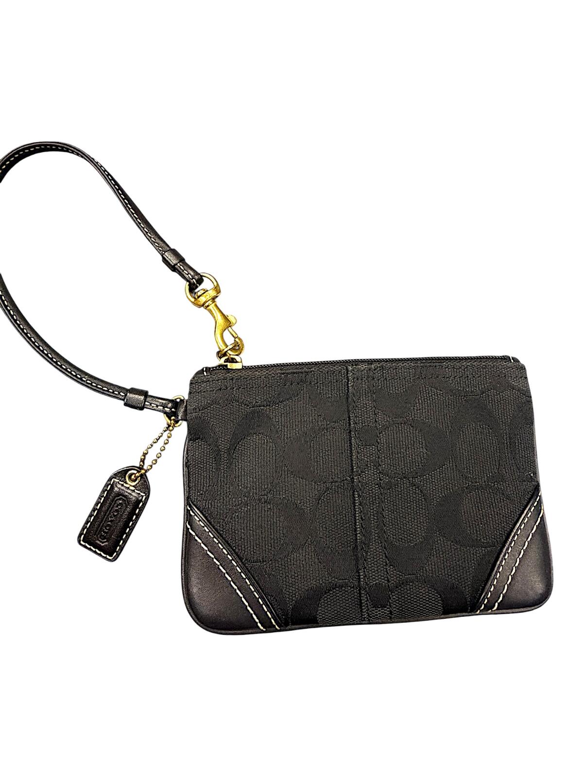 Coach Signature Canvas Zip Wristlet Pouch Black Leather Trim with COA