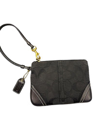 Coach Signature Canvas Zip Wristlet Pouch Black Leather Trim with COA