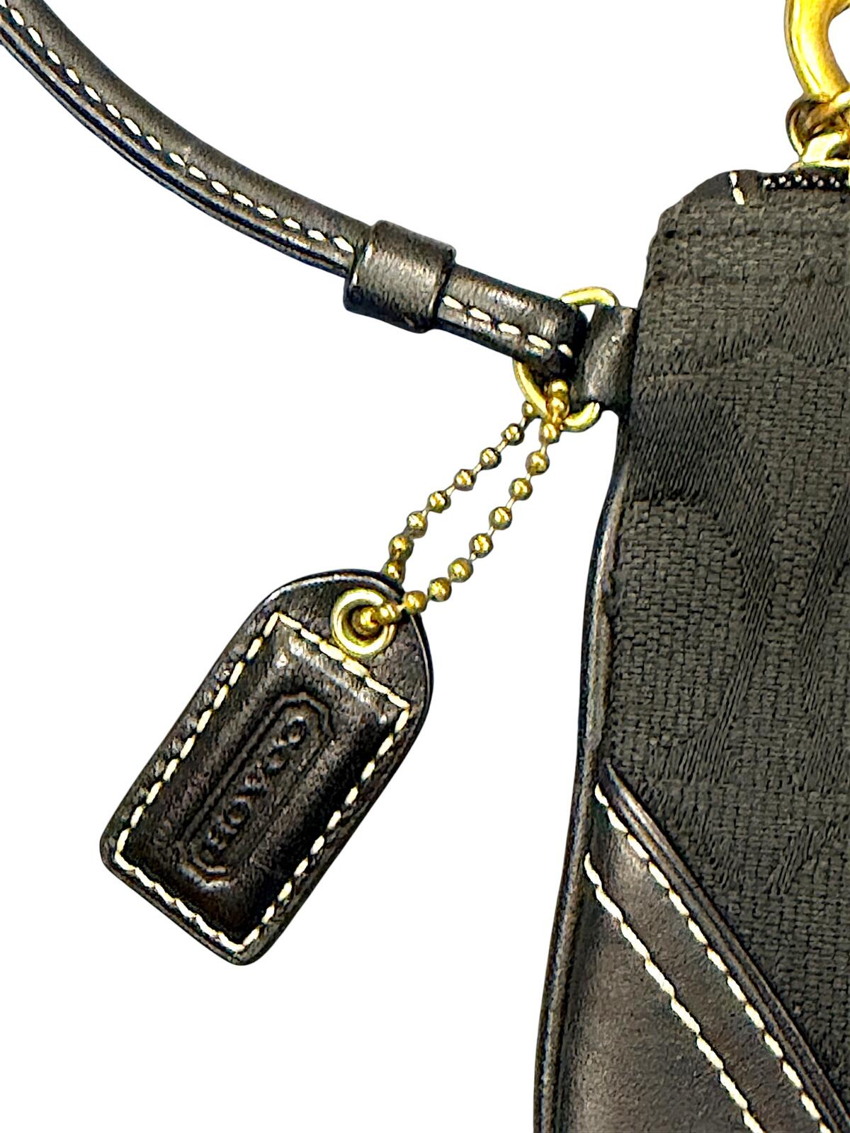 Coach Signature Canvas Zip Wristlet Pouch Black Leather Trim with COA