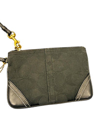 Coach Signature Canvas Zip Wristlet Pouch Black Leather Trim with COA