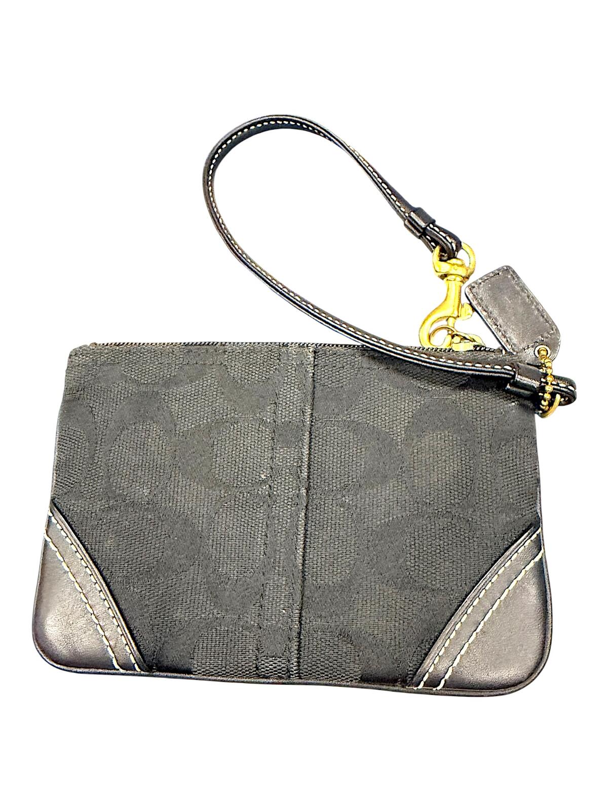 Coach Signature Canvas Zip Wristlet Pouch Black Leather Trim with COA
