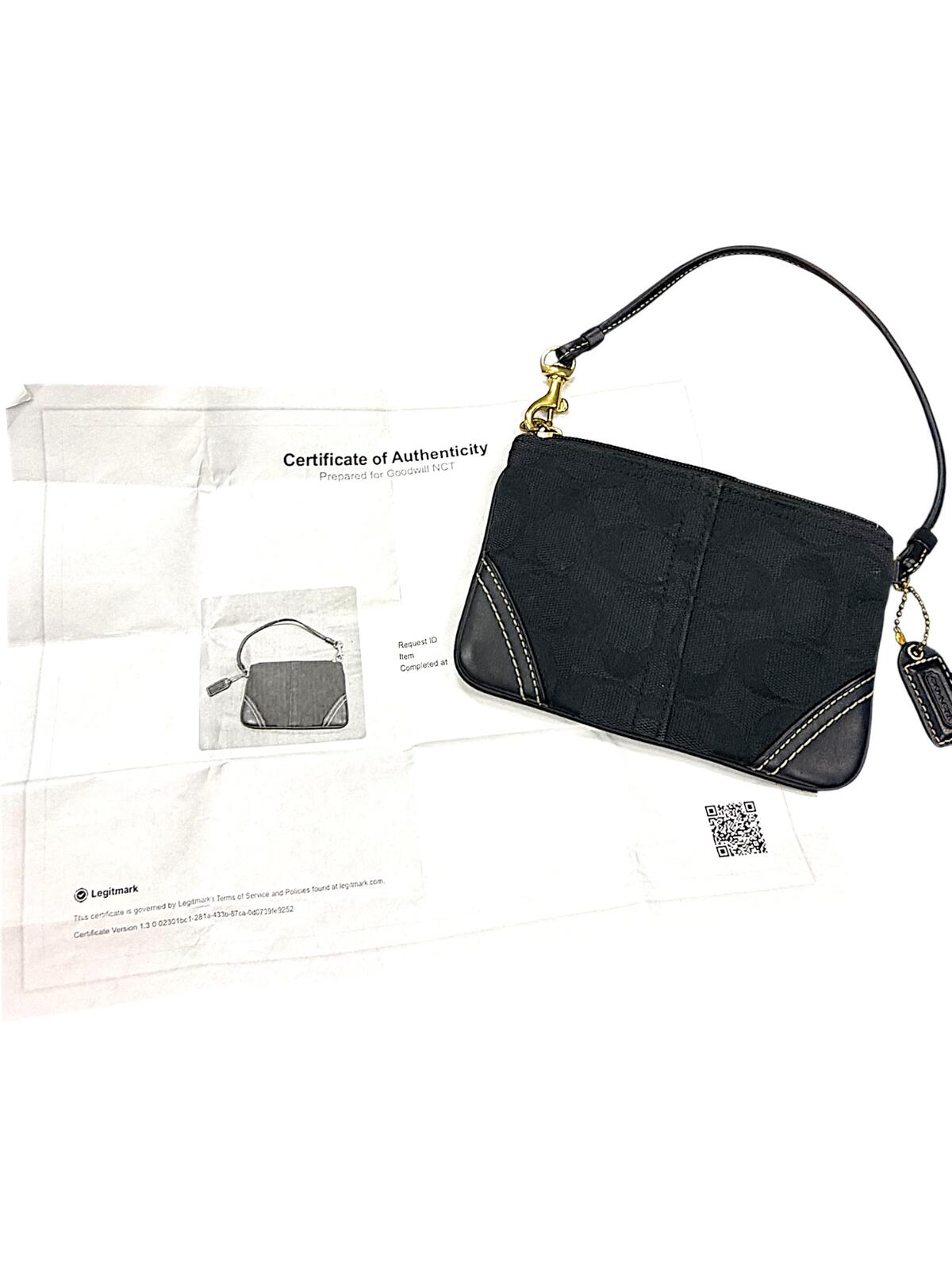 Coach Signature Canvas Zip Wristlet Pouch Black Leather Trim with COA
