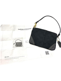 Coach Signature Canvas Zip Wristlet Pouch Black Leather Trim with COA