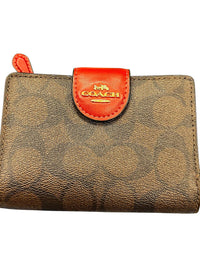 Coach Signature Medium Corner Zip Wallet Brown Canvas Red Leather Trim Gold Tone