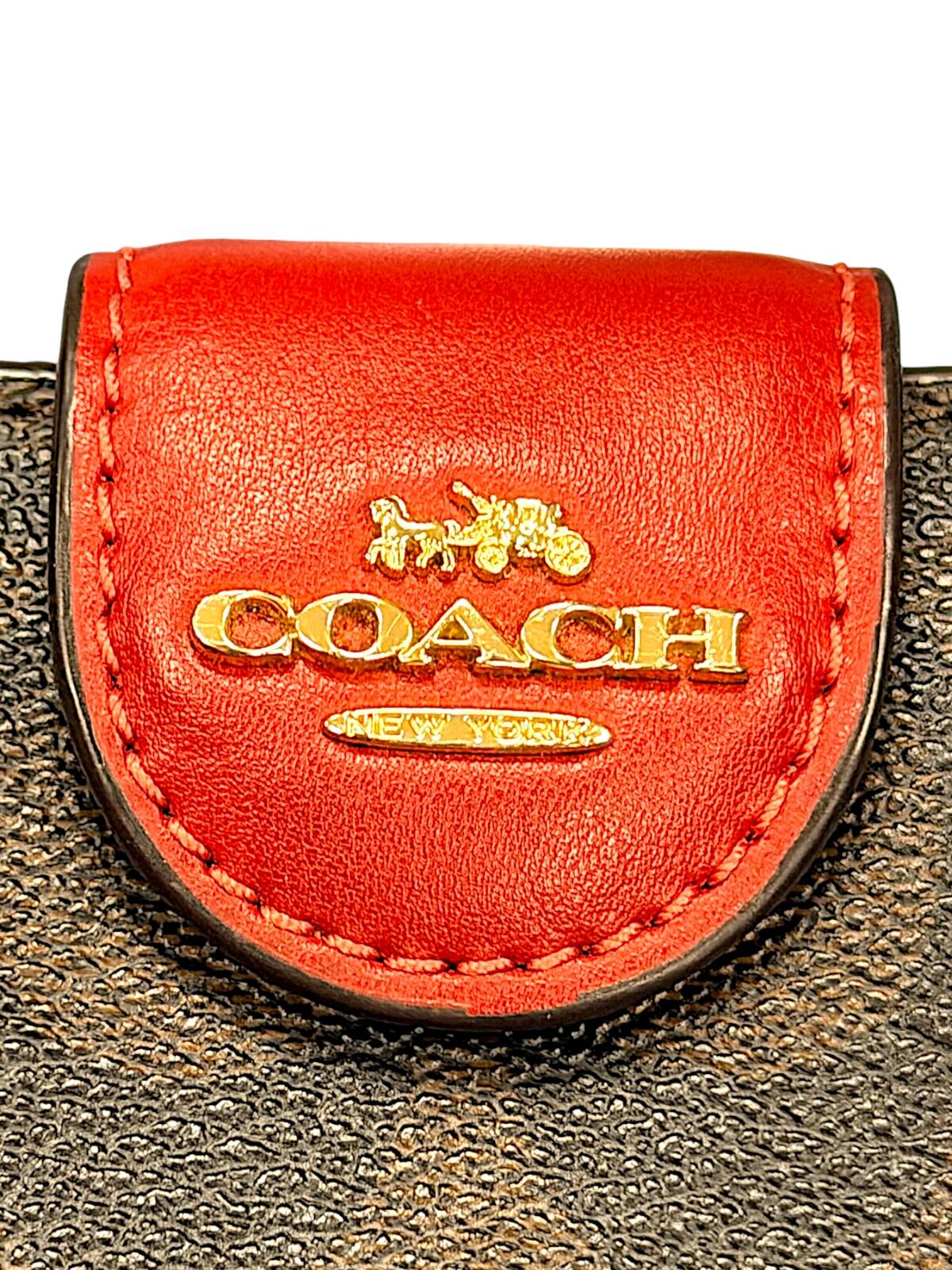 Coach Signature Medium Corner Zip Wallet Brown Canvas Red Leather Trim Gold Tone