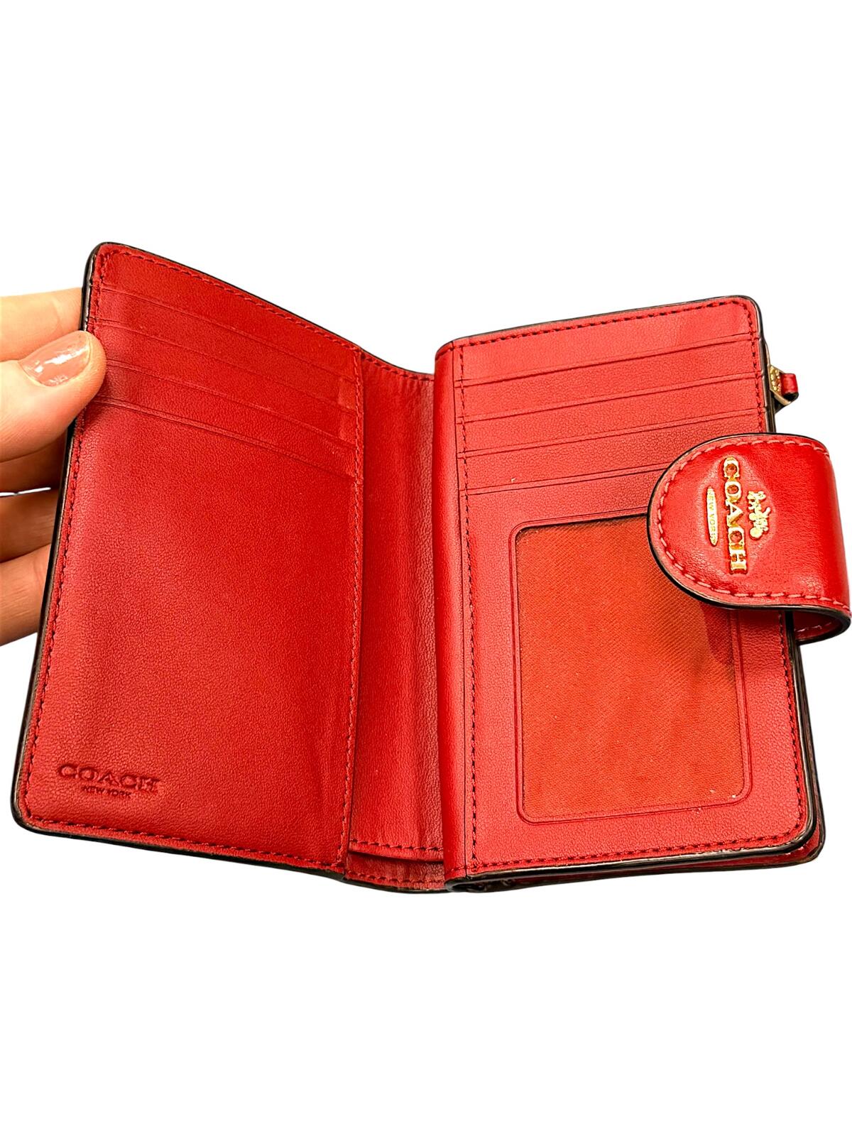 Coach Signature Medium Corner Zip Wallet Brown Canvas Red Leather Trim Gold Tone