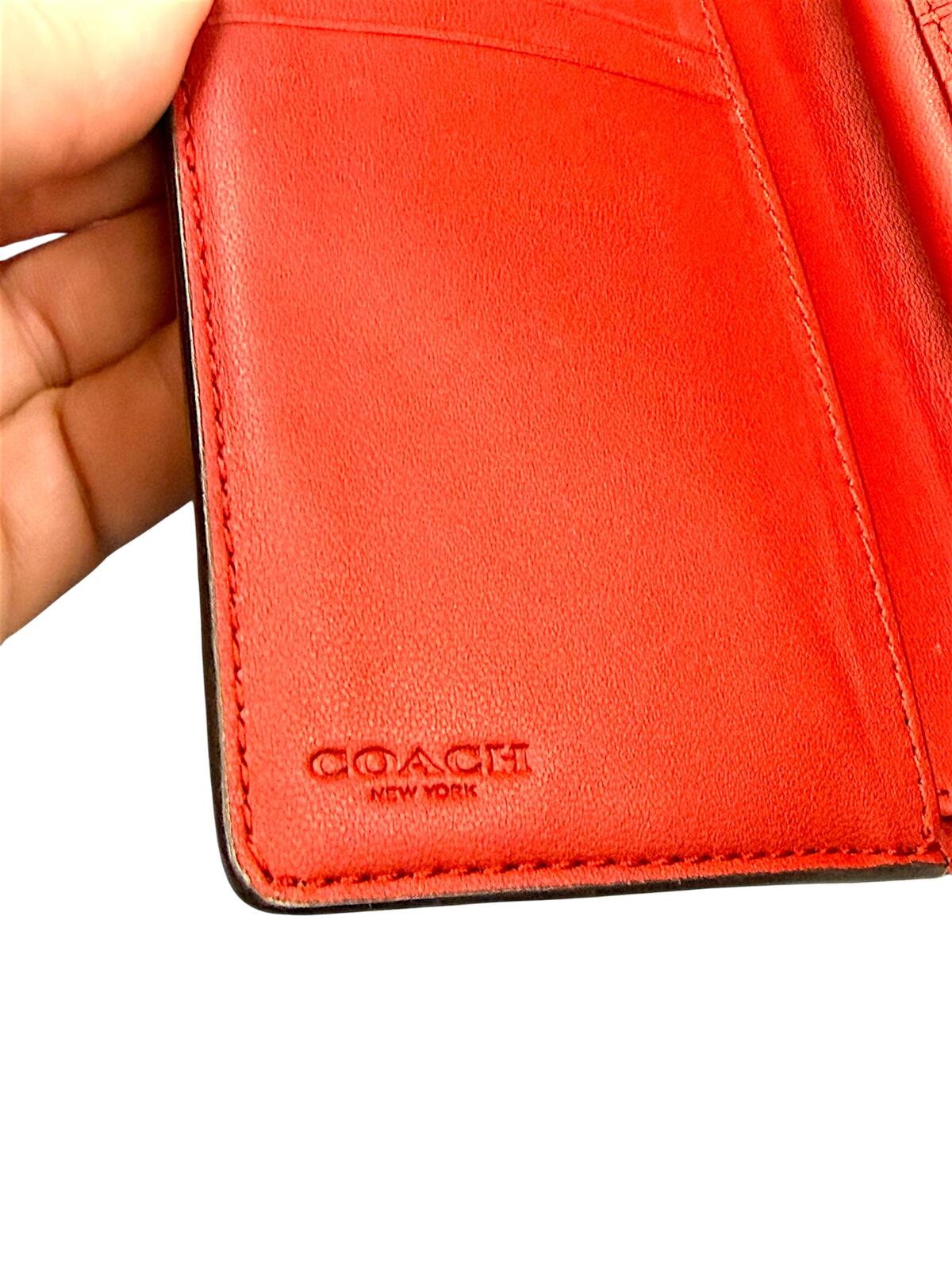 Coach Signature Medium Corner Zip Wallet Brown Canvas Red Leather Trim Gold Tone