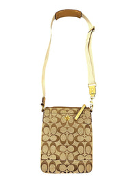 Coach Signature Swingpack Crossbody Bag Khaki Brown Jacquard Canvas Purse