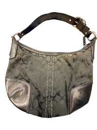 Coach Hamptons Signature Hobo Bag Black Jacquard Canvas Leather Shoulder Purse