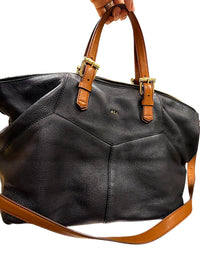 Lauren Ralph Lauren Black Leather Tote Bag with Tan Handles and Strap