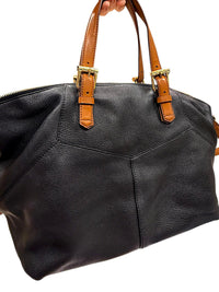 Lauren Ralph Lauren Black Leather Tote Bag with Tan Handles and Strap