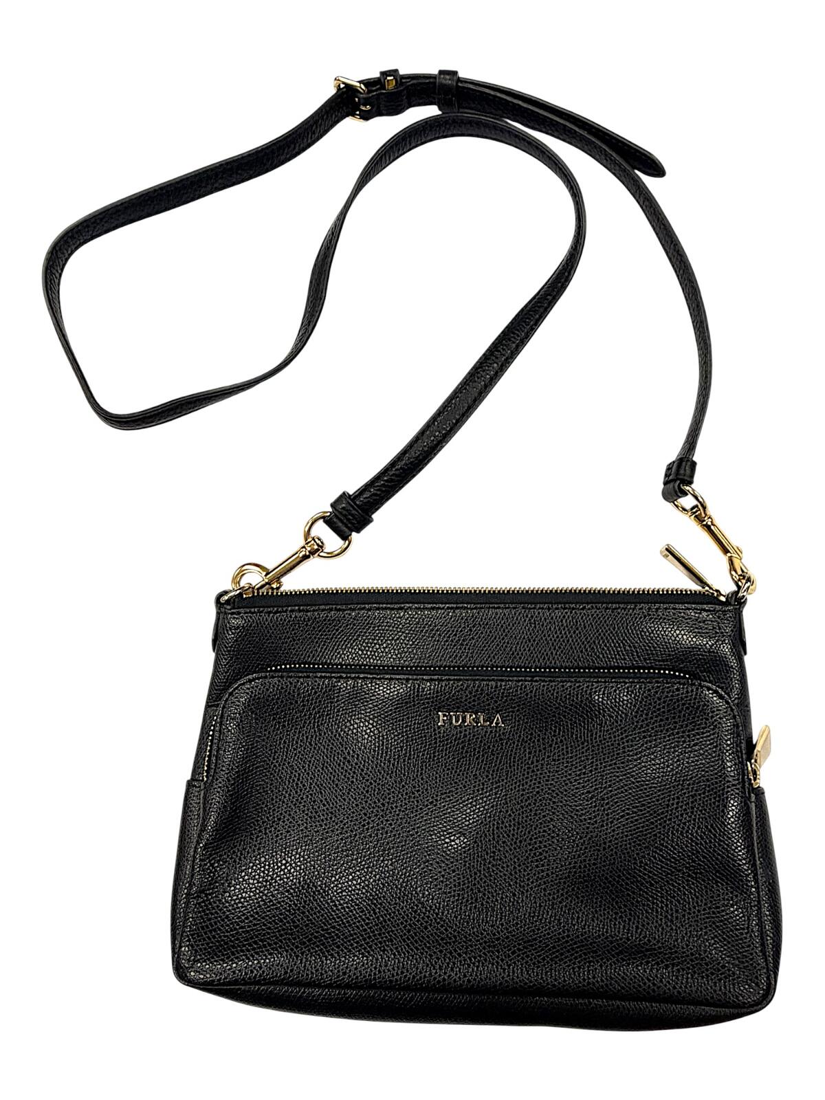 Furla Black Pebbled Leather Zip Crossbody Bag with Gold-Tone Hardware