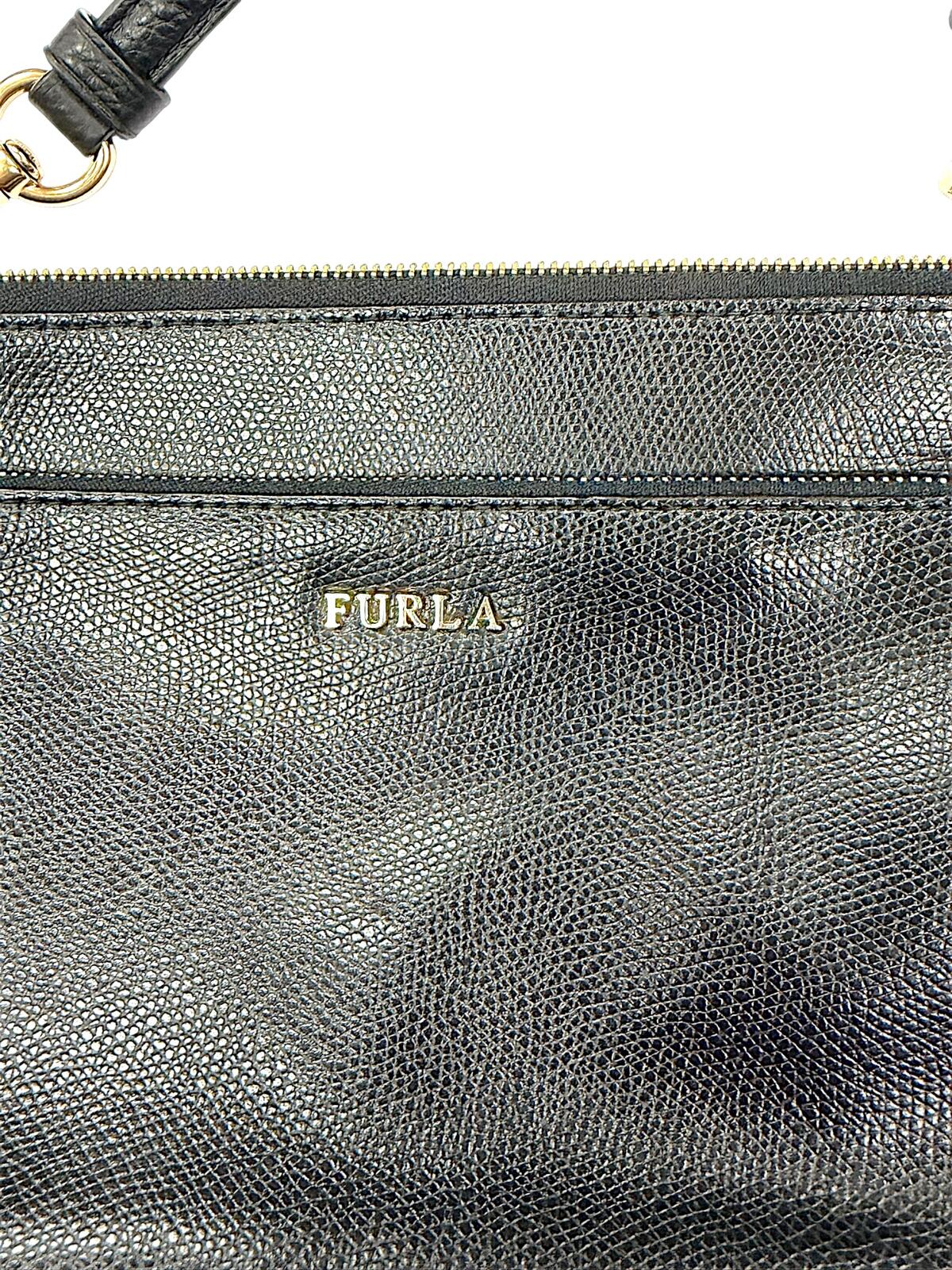 Furla Black Pebbled Leather Zip Crossbody Bag with Gold-Tone Hardware