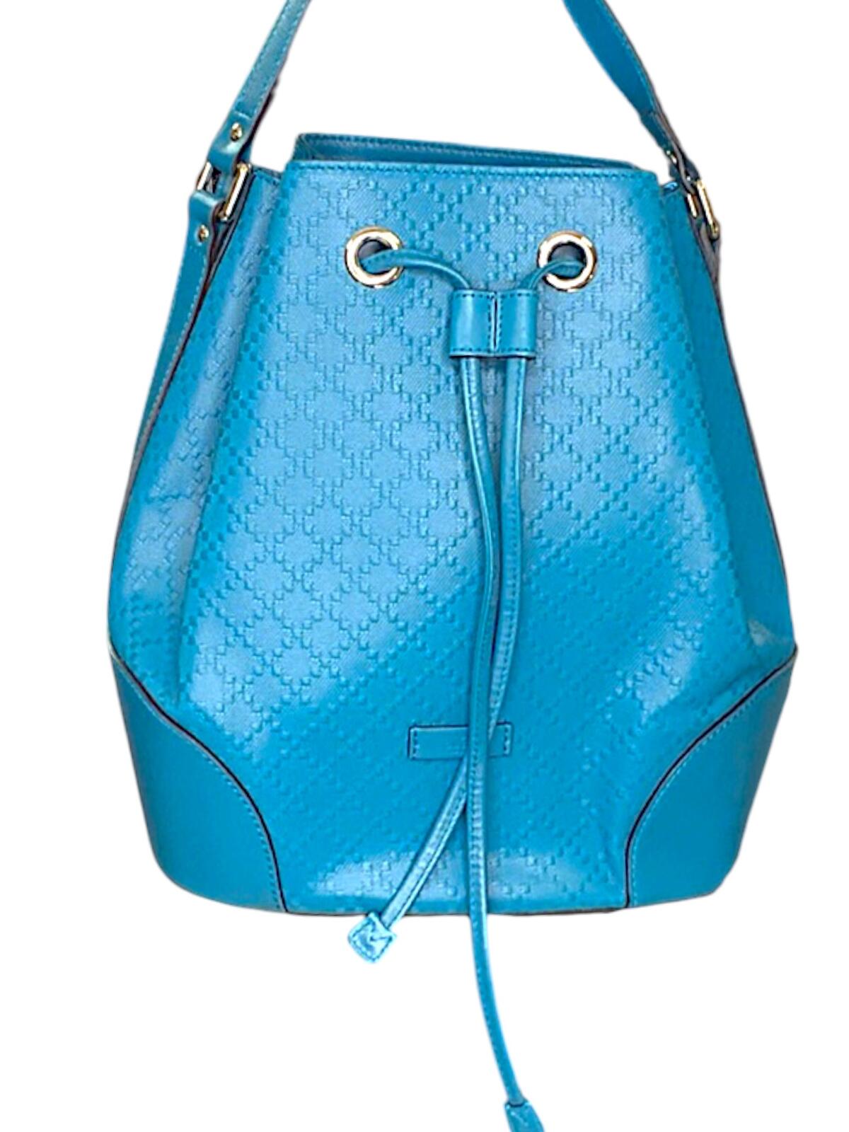 Gucci Bright Diamante Drawstring Bucket Bag Turquoise Blue Leather