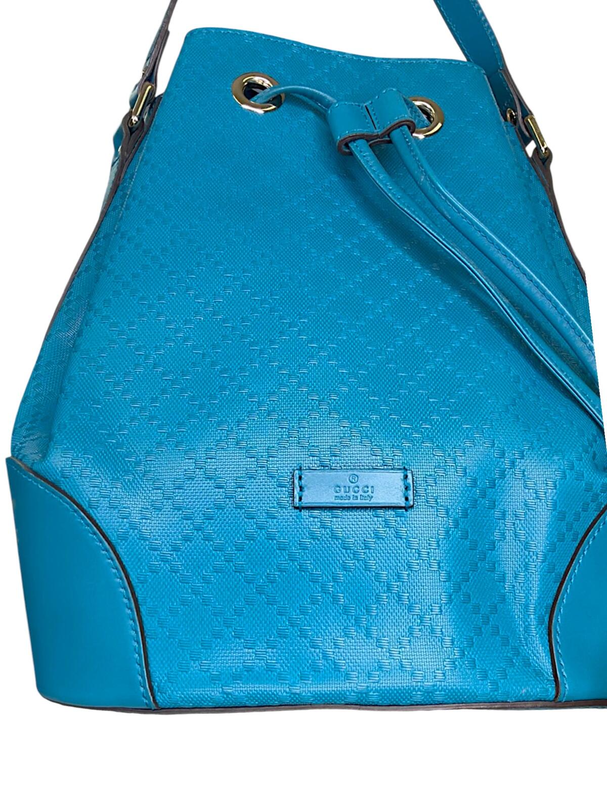 Gucci Bright Diamante Drawstring Bucket Bag Turquoise Blue Leather