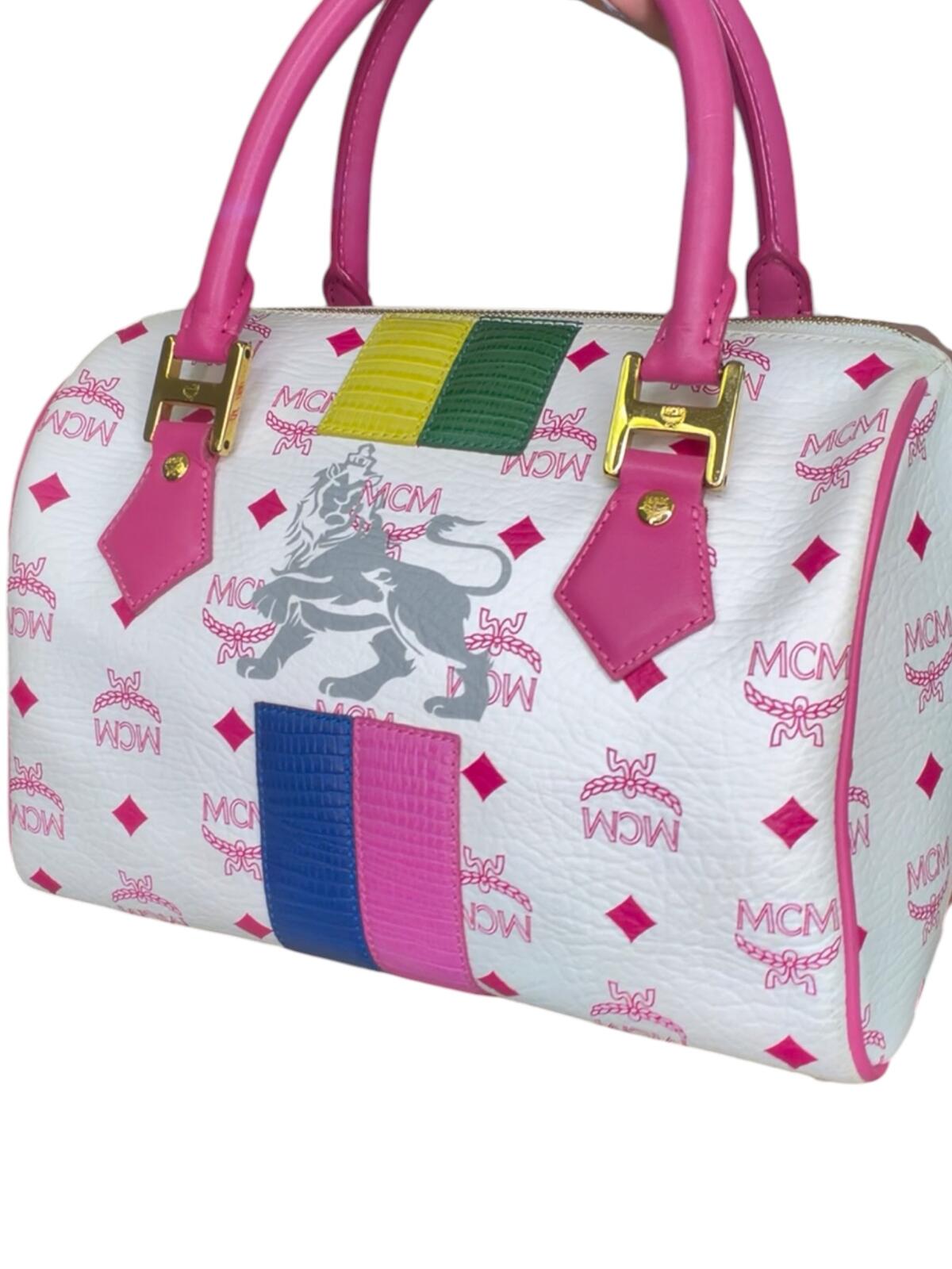MCM White and Pink Visetos Leather Lion Boston Bag Satchel Top Handle Handbag