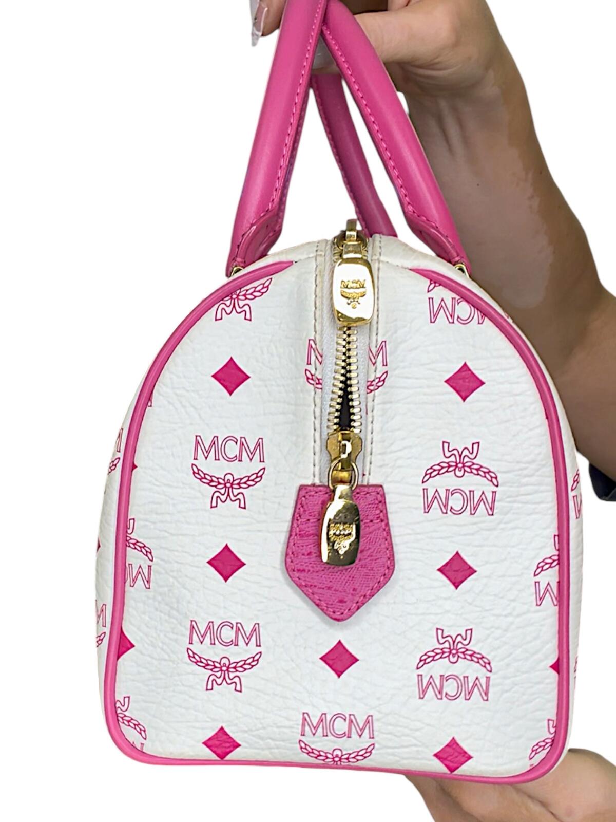 MCM White and Pink Visetos Leather Lion Boston Bag Satchel Top Handle Handbag