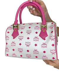 MCM White and Pink Visetos Leather Lion Boston Bag Satchel Top Handle Handbag