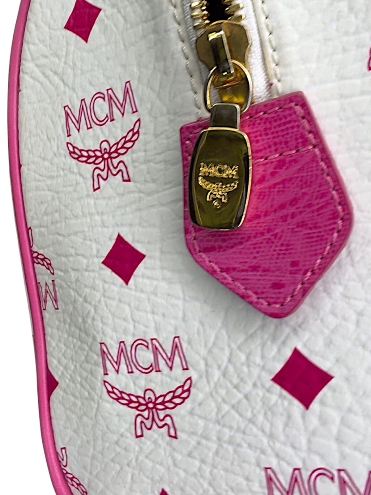 MCM White and Pink Visetos Leather Lion Boston Bag Satchel Top Handle Handbag