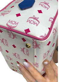 MCM White and Pink Visetos Leather Lion Boston Bag Satchel Top Handle Handbag