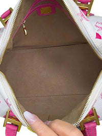 MCM White and Pink Visetos Leather Lion Boston Bag Satchel Top Handle Handbag