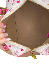 MCM White and Pink Visetos Leather Lion Boston Bag Satchel Top Handle Handbag