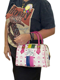 MCM White and Pink Visetos Leather Lion Boston Bag Satchel Top Handle Handbag