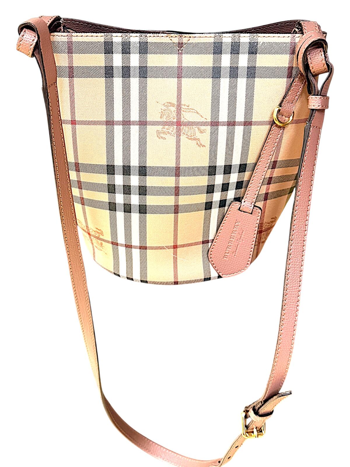 Burberry Haymarket Check Lorne Bucket Bag Pink Leather Crossbody with COA