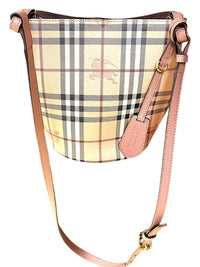 Burberry Haymarket Check Lorne Bucket Bag Pink Leather Crossbody with COA