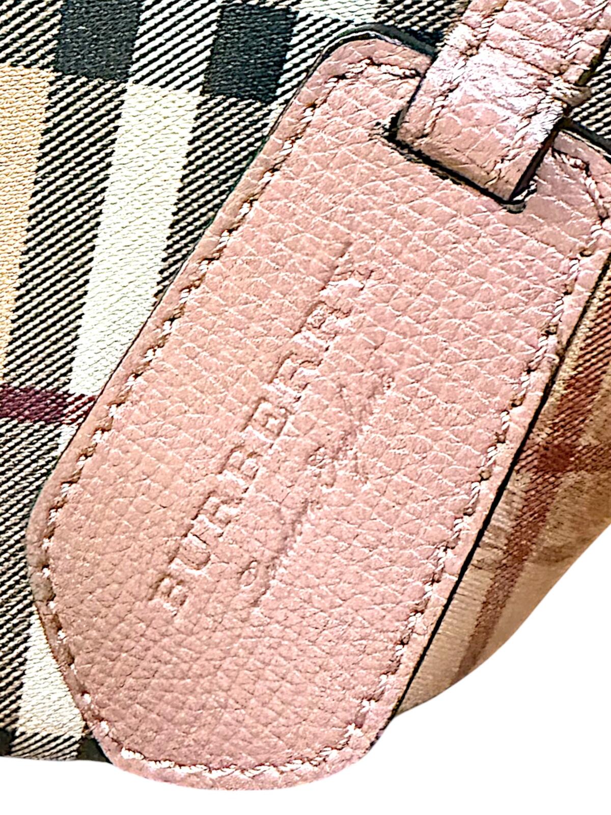 Burberry Haymarket Check Lorne Bucket Bag Pink Leather Crossbody with COA