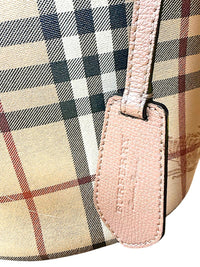 Burberry Haymarket Check Lorne Bucket Bag Pink Leather Trim Nova Check Crossbody