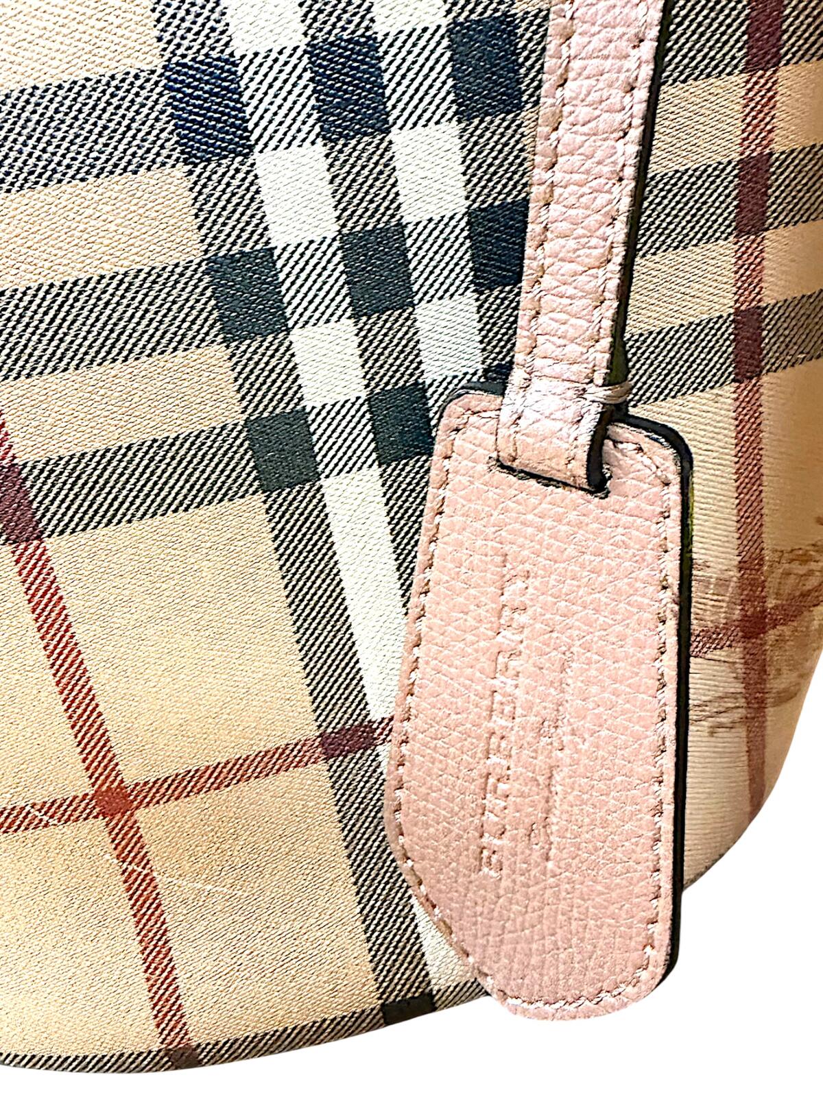 Burberry Haymarket Check Lorne Bucket Bag Pink Leather Crossbody with COA