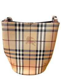 Burberry Haymarket Check Lorne Bucket Bag Pink Leather Trim Nova Check Crossbody