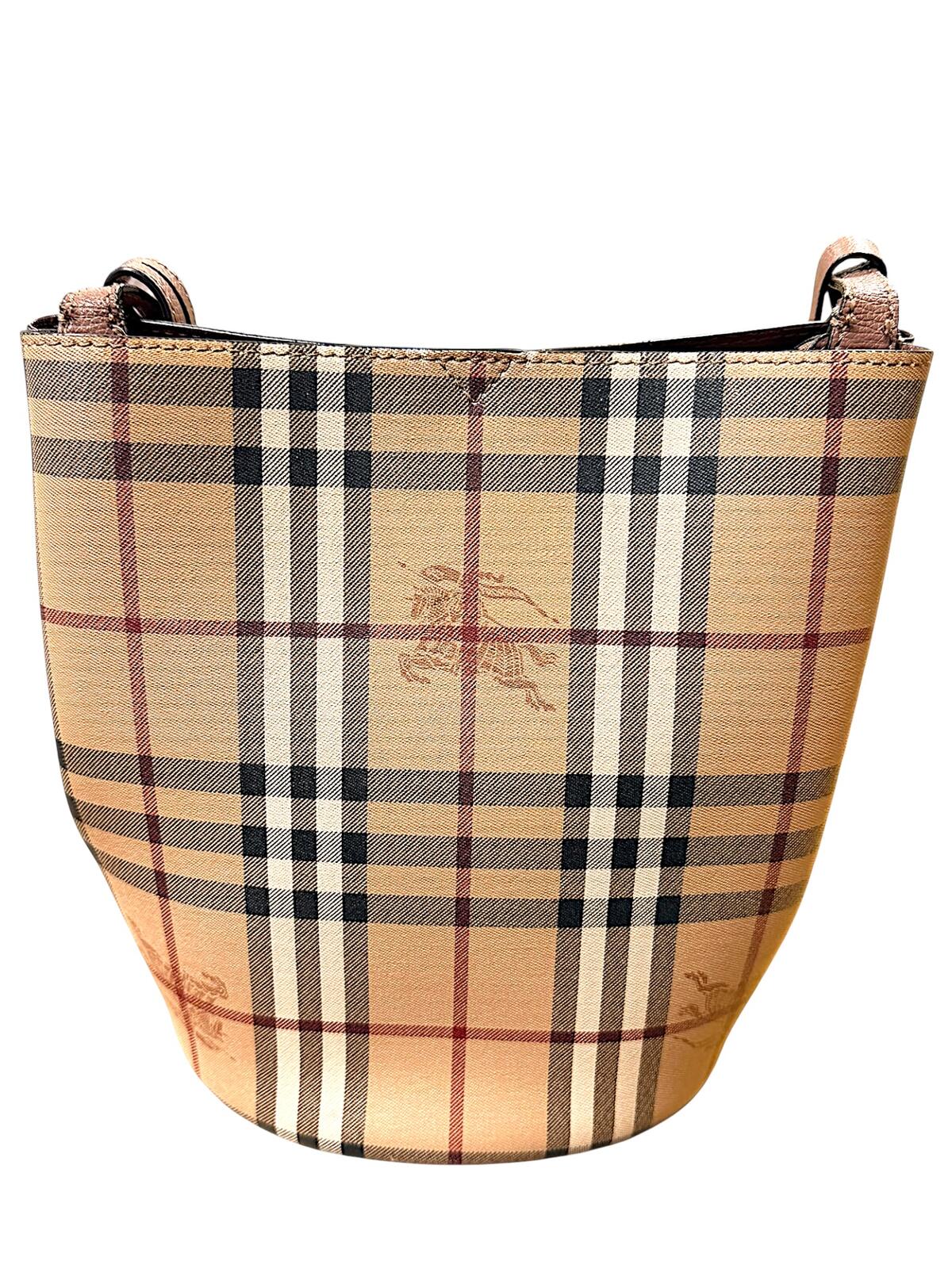 Burberry Haymarket Check Lorne Bucket Bag Pink Leather Crossbody with COA