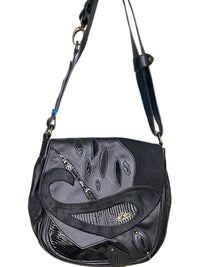 Etro Black Leather Shoulder Bag with Purple Paisley Lining