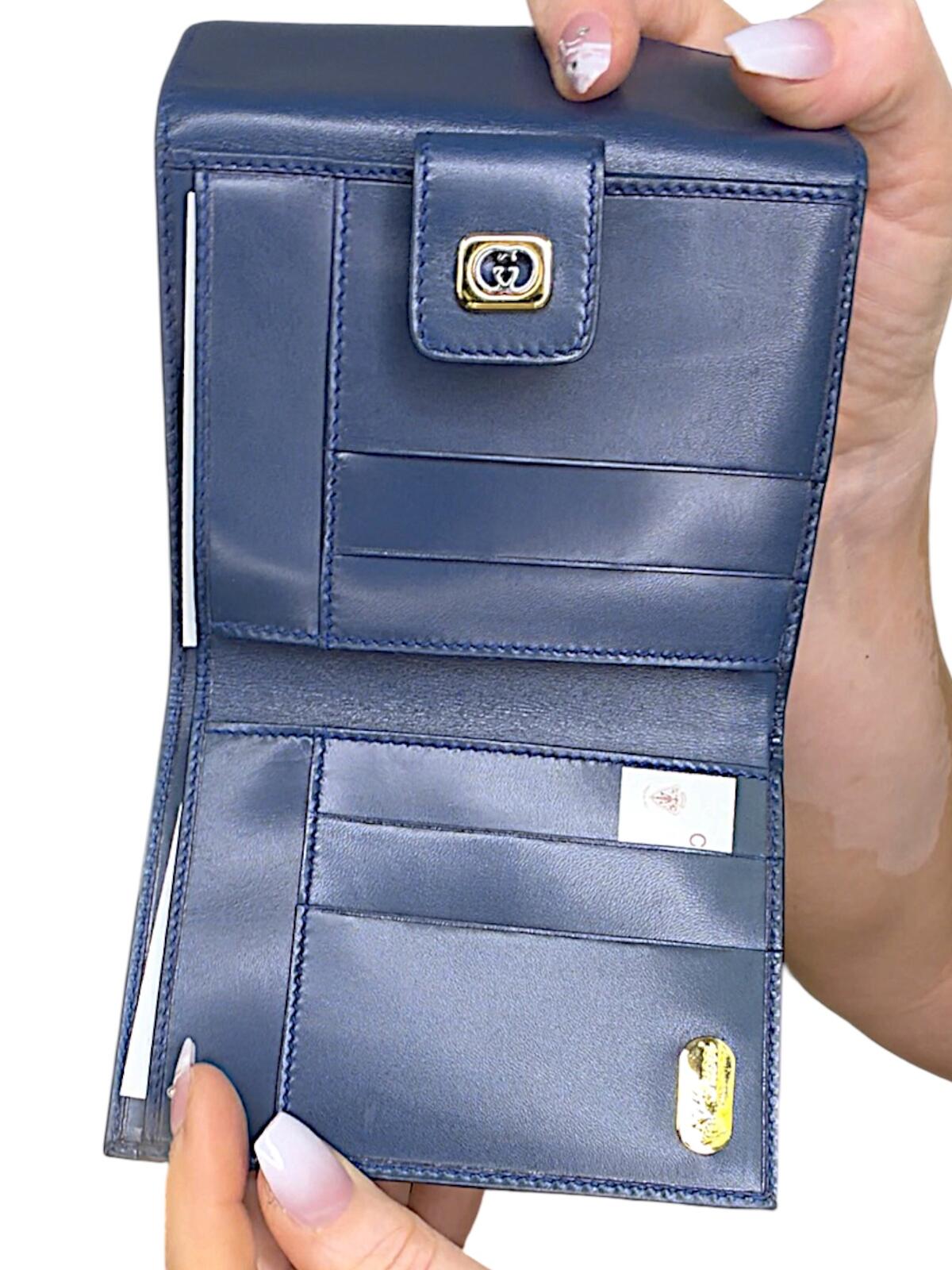 Gucci Vintage Blue Leather Snap Bifold Wallet with original box