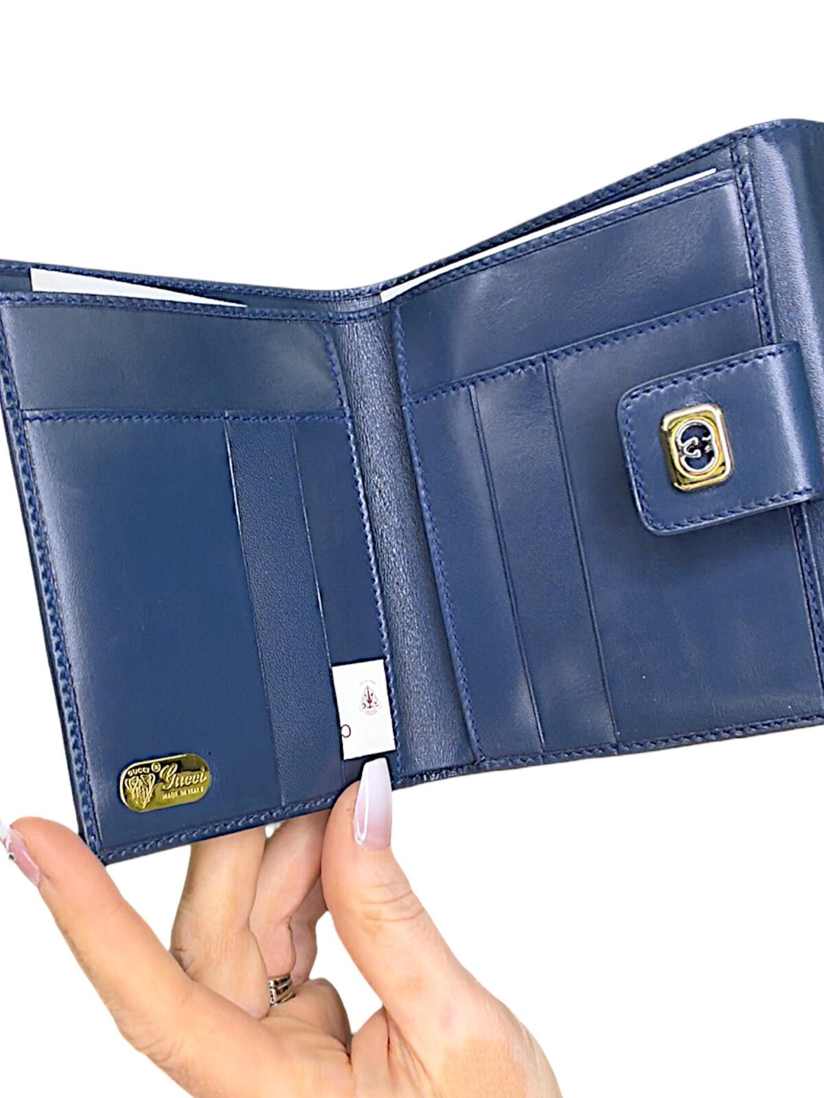 Gucci Vintage Blue Leather Snap Bifold Wallet with original box