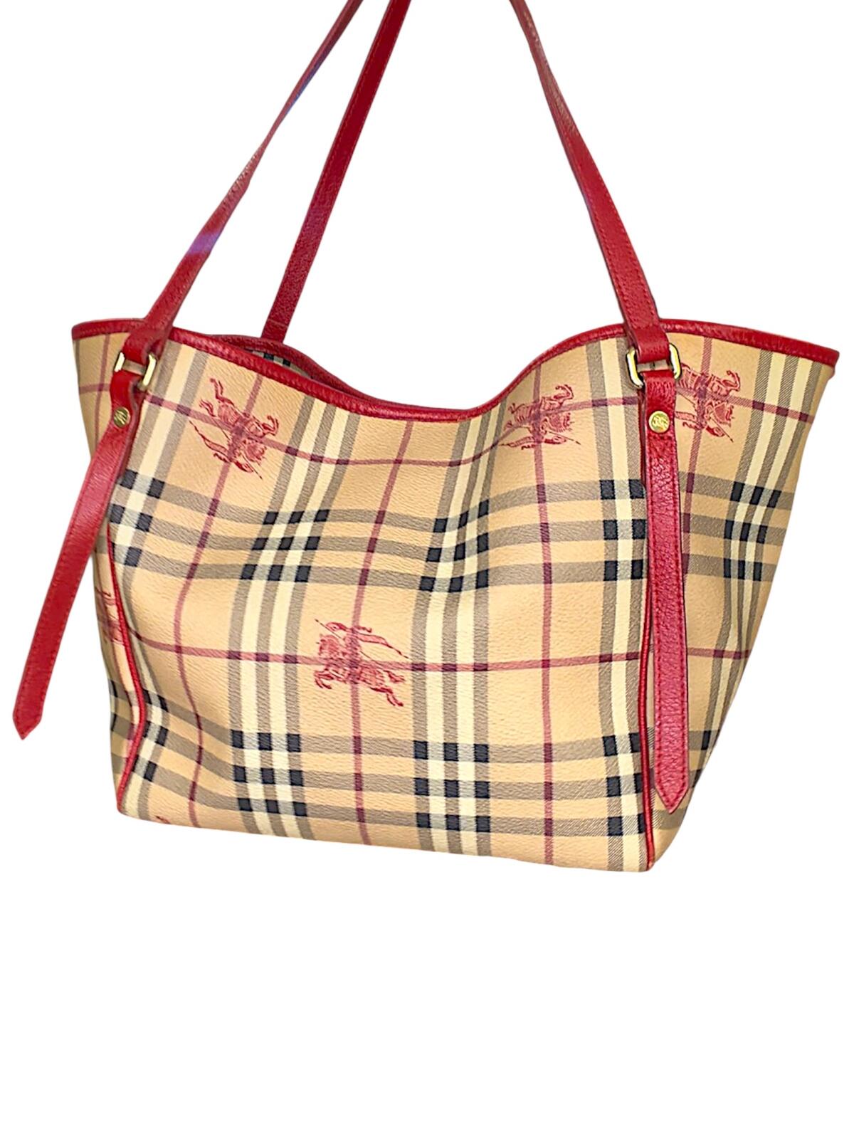 Burberry Canterbury Tote – Haymarket Check with Red Leather Trim