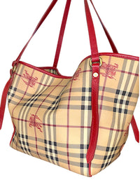 Burberry Canterbury Tote – Haymarket Check with Red Leather Trim