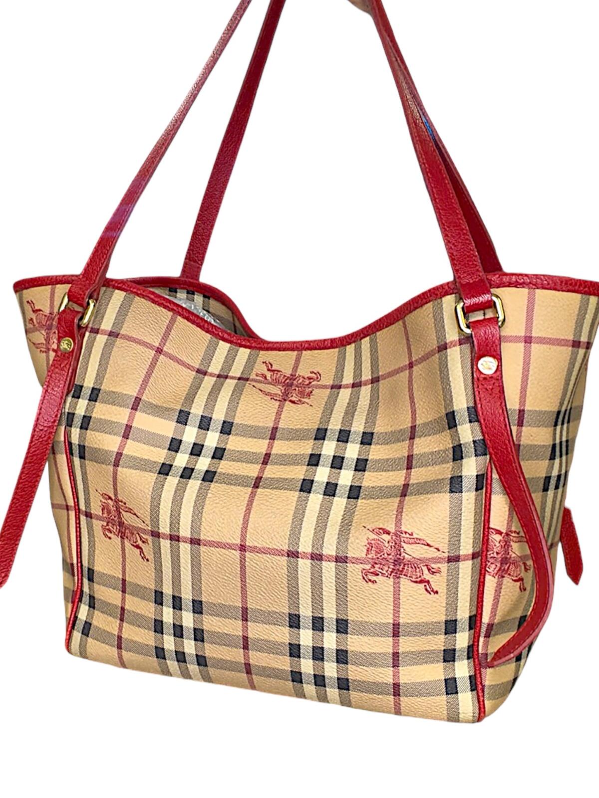 Burberry Canterbury Tote – Haymarket Check with Red Leather Trim