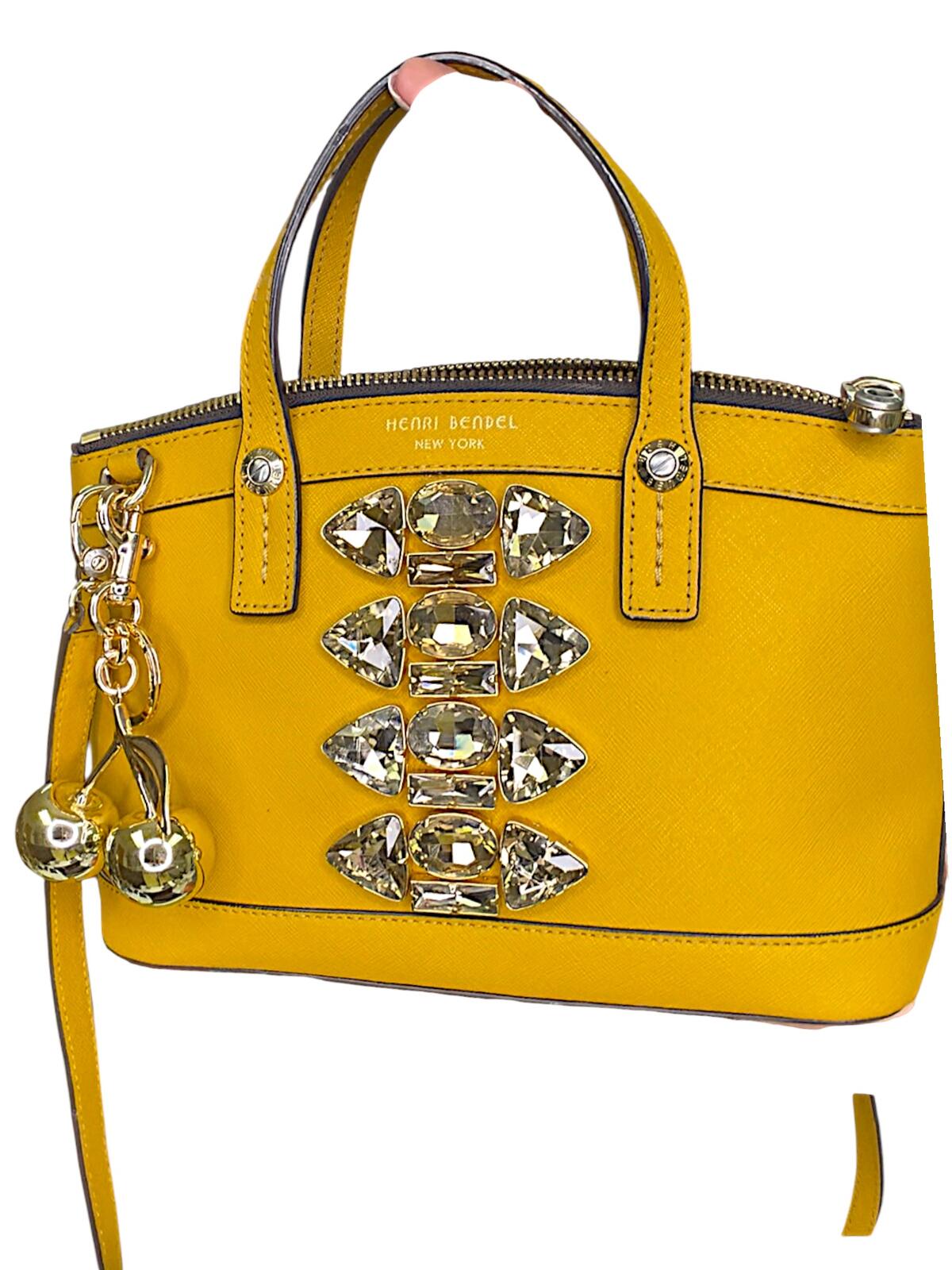 Henri Bendel Rare West 57th Crystal Satchel Crossbody Yellow Saffiano Leather
