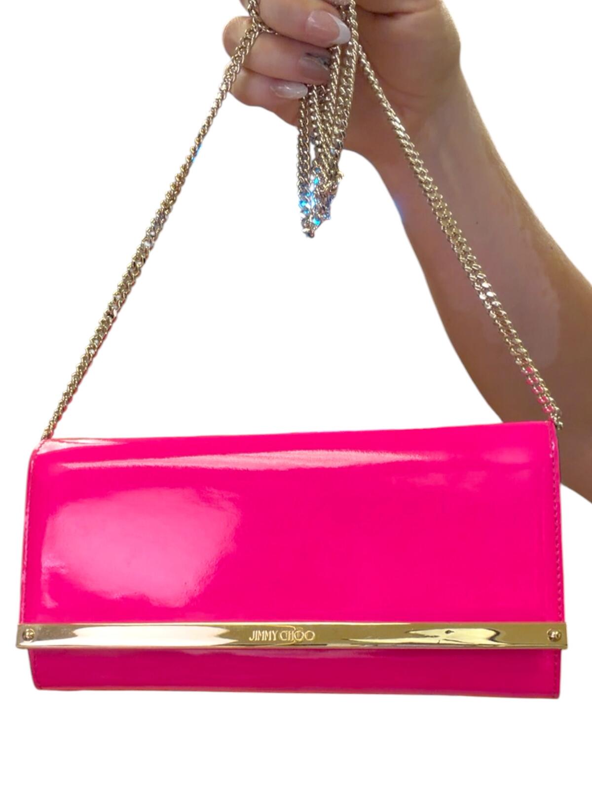 Jimmy Choo Milla Neon Pink Patent Fabric Clutch with Chain Strap