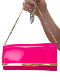 Jimmy Choo Milla Neon Pink Patent Fabric Clutch with Chain Strap