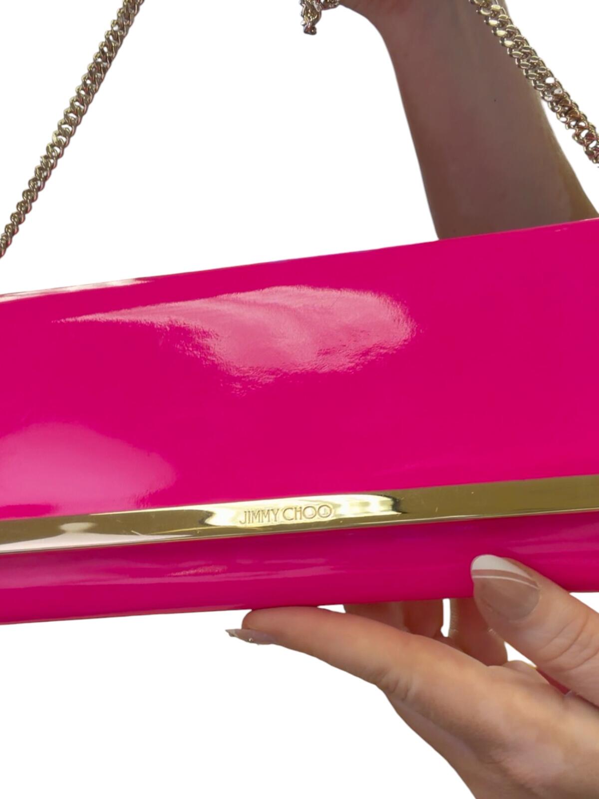 Jimmy Choo Milla Neon Pink Patent Fabric Clutch with Chain Strap