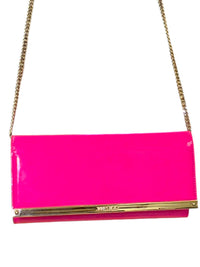 Jimmy Choo Milla Neon Pink Patent Fabric Clutch with Chain Strap