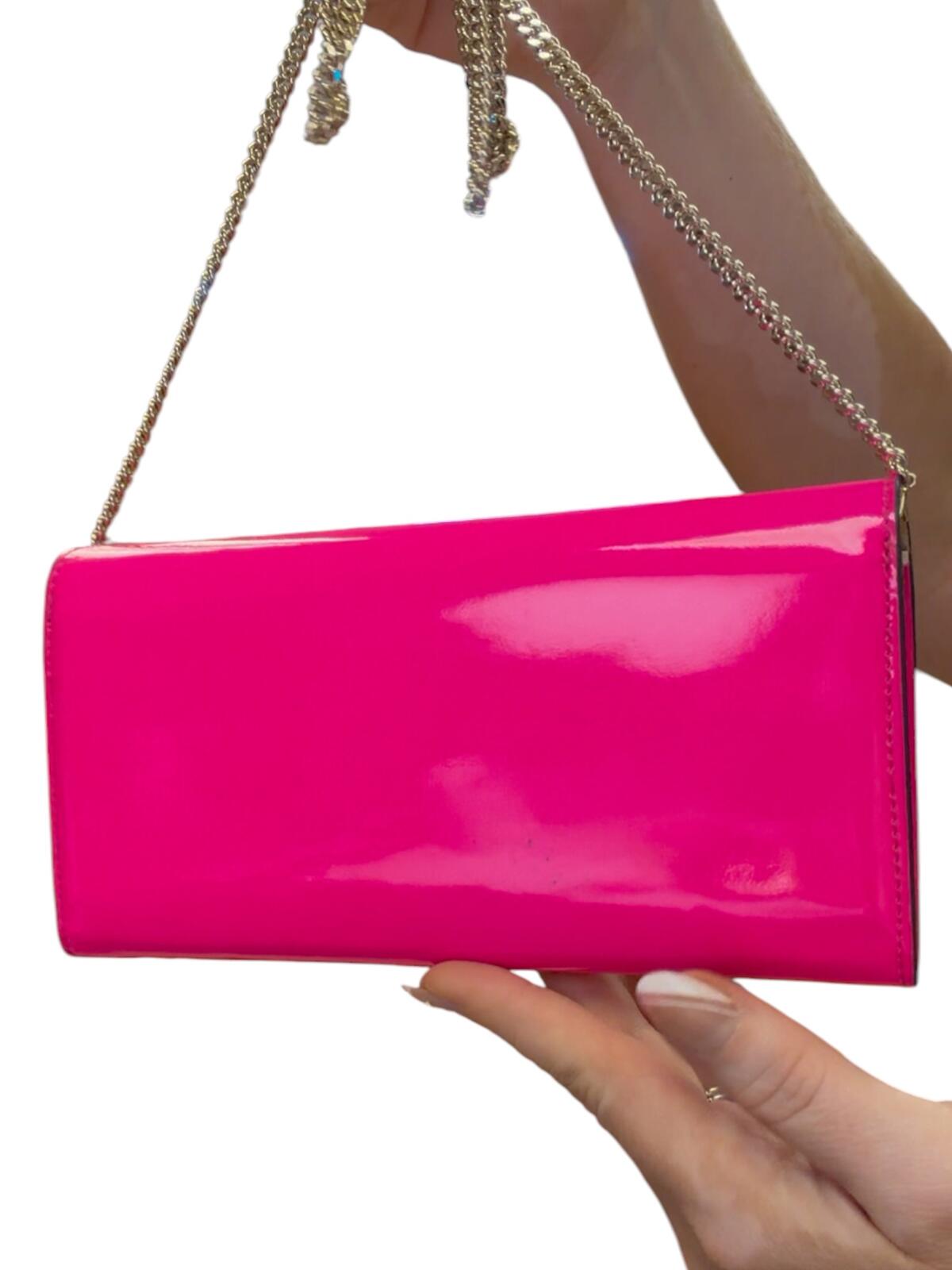 Jimmy Choo Milla Neon Pink Patent Fabric Clutch with Chain Strap