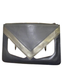 Fendi Black Leather Clutch Bag with Silver and Gray Eye Detail