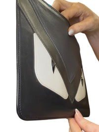 Fendi Black Leather Clutch Bag with Silver and Gray Eye Detail