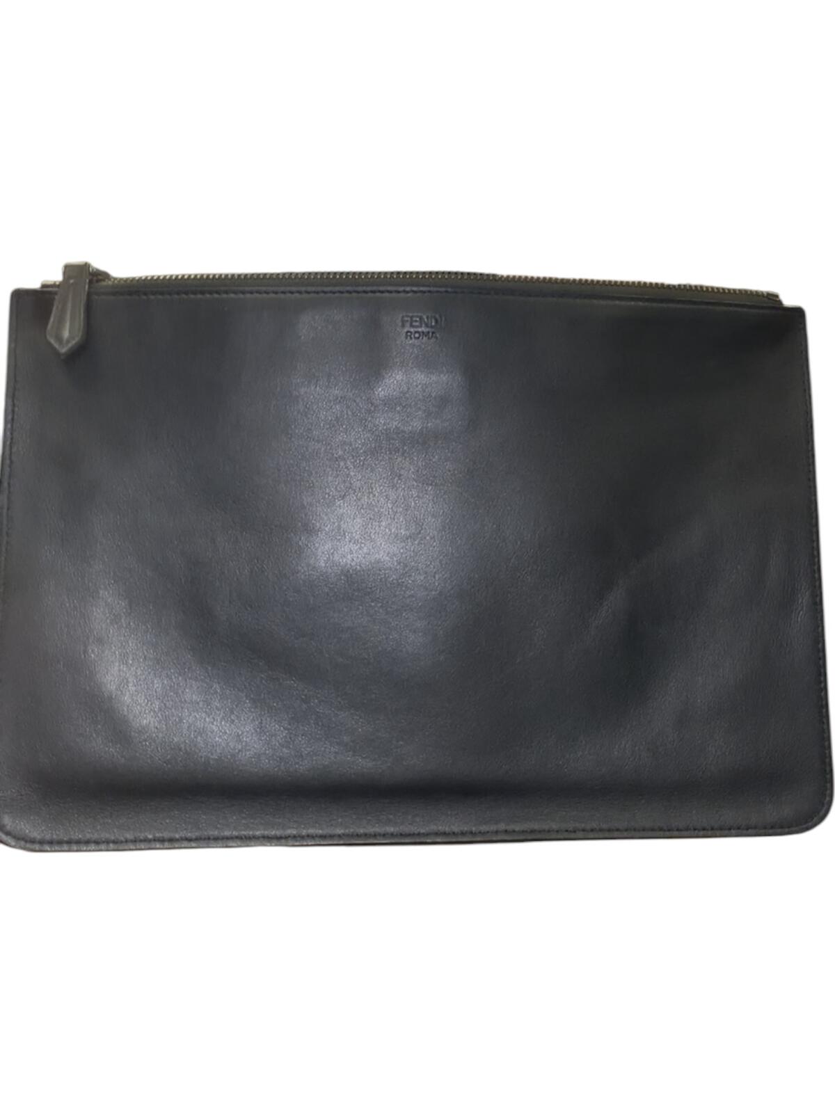 Fendi Black Leather Clutch Bag with Silver and Gray Eye Detail